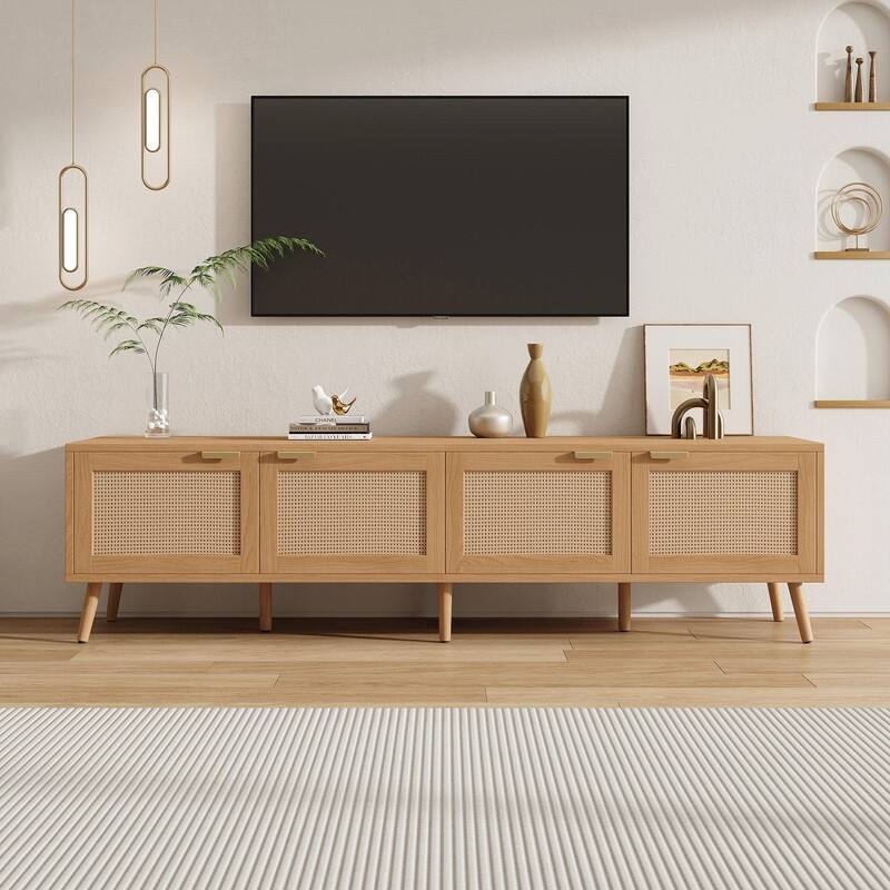 70" Modern TV Stand with Rattan Doors for TVs up to 80", Media Console with Storage Space & Cable Holes