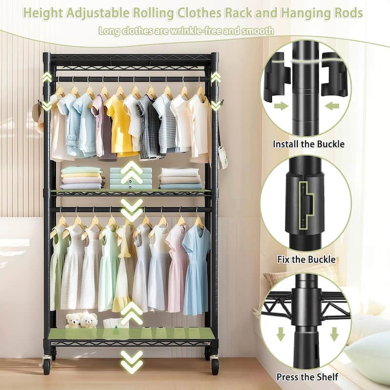 3 Tiers Adjustable Wire Shelving Clothes Rack with 2 Clothes Rails and Side Hooks