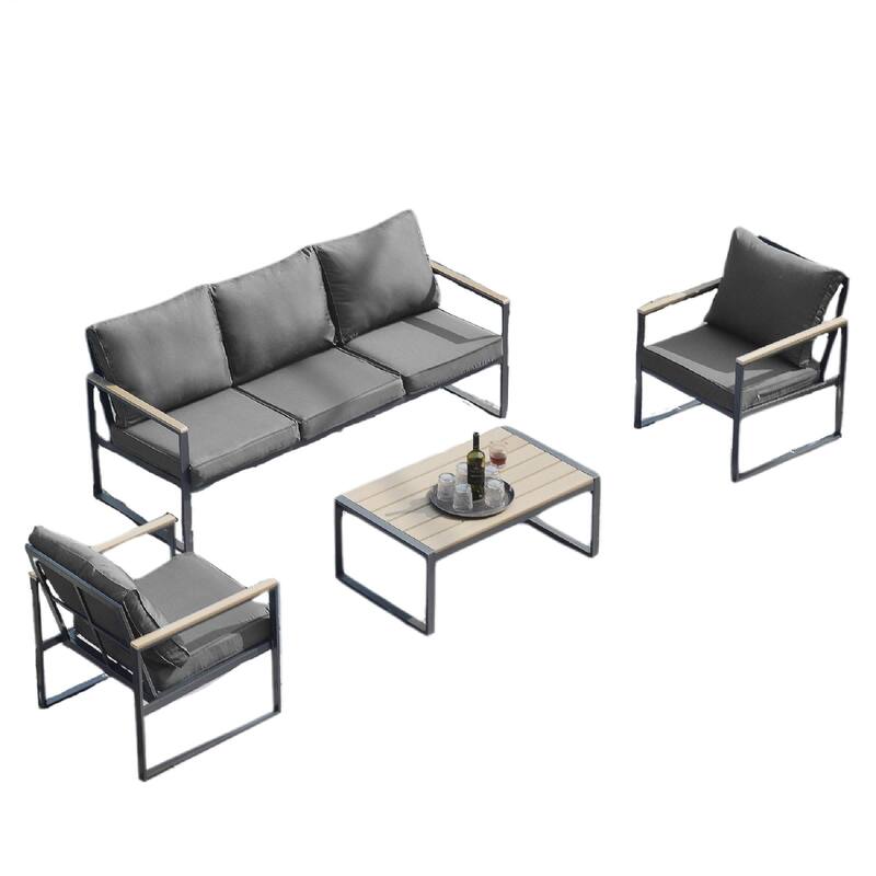 4-Piece Outdoor Conversation Set with Cushions, Iron Frame Patio Sofa Set with Faux Wood Table