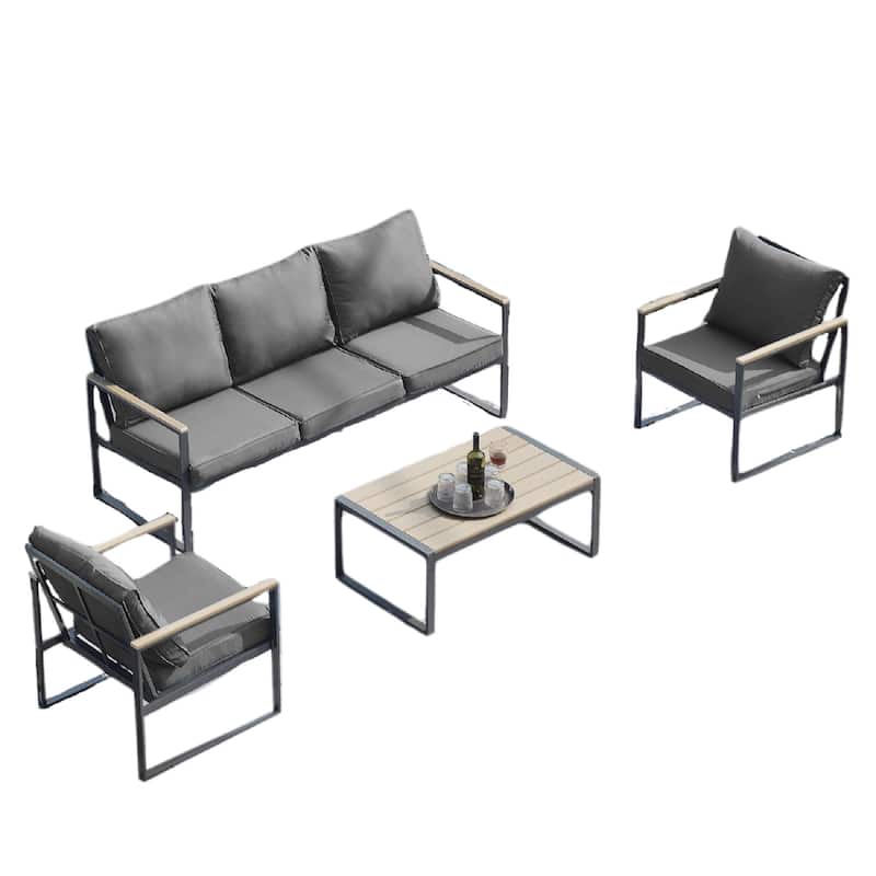 Outdoor 4 Pieces Furniture Sets Modern Iron Patio Conversation Sets Sofa w Grey Cushion Faux Wood Grain Frame Coffee Table