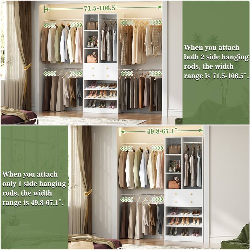 Closet Organizer with 5 Hanging Rods and 2 Drawers, Adjustable Closet System with Shelves and Shoe Rack
