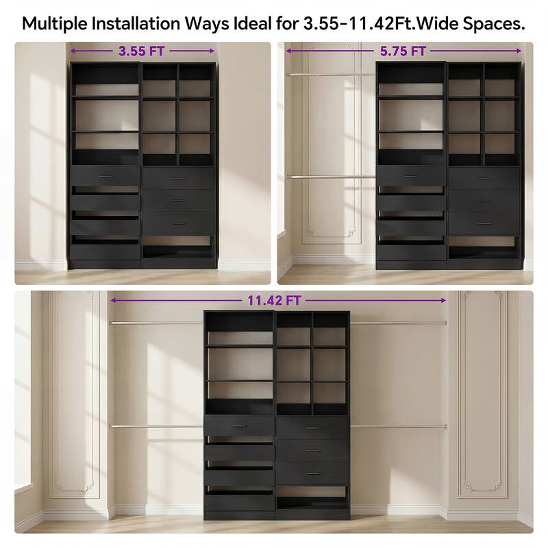 Set of 2 Closet System with 7 Wooden Drawers ＆ 4 Hanging Rods, Heavy Duty Walk-in Closet Organizer System with Shelves