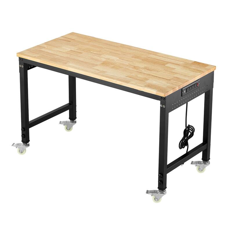Black and Natural Oak Adjustable Height Workbench with Power Strip, Casters and Hooks - Black-Natural - 48"