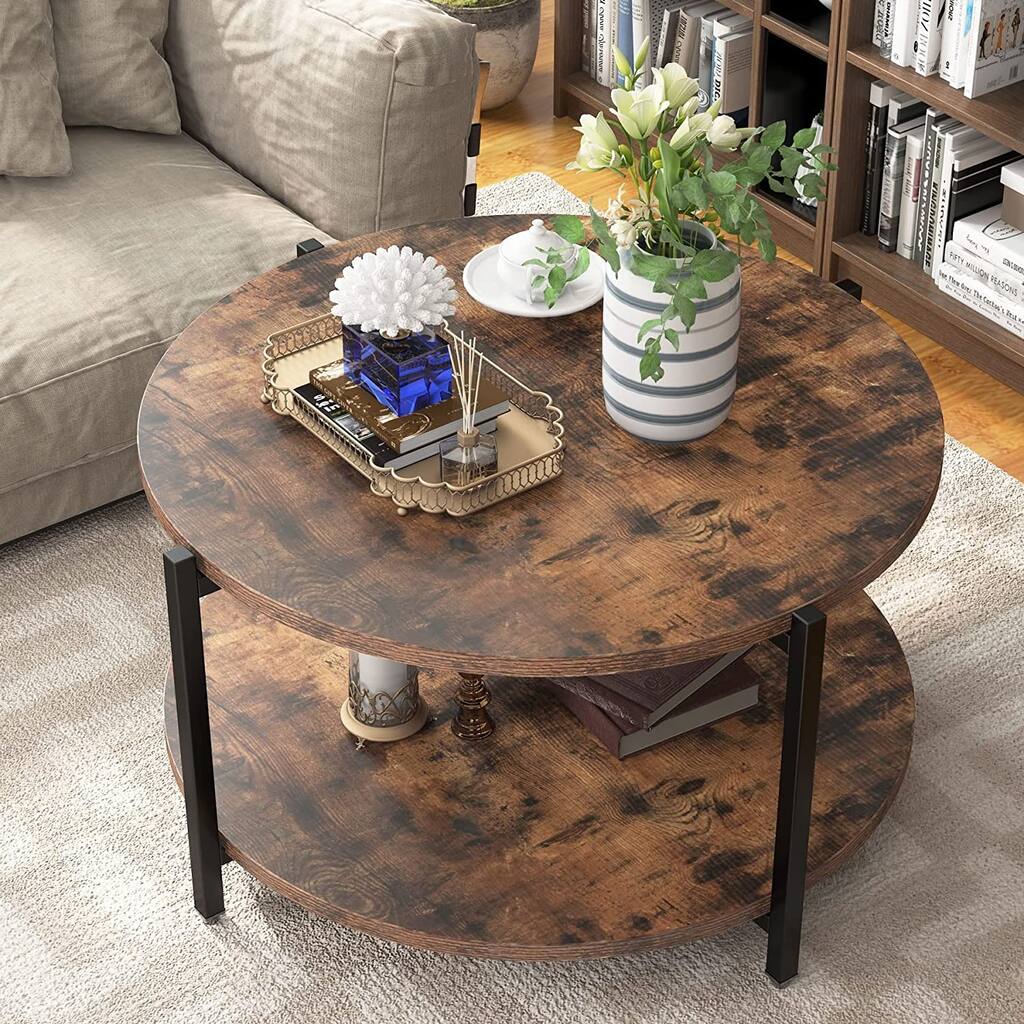 Round Coffee Table,2-Tier Farmhouse Circular Coffee Table,Large
