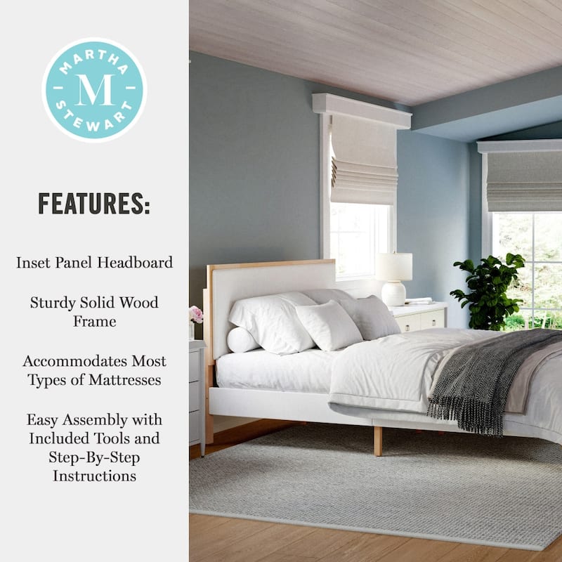 Martha Stewart Wooden Platform Bed with Upholstered Base and Triple Inset Headboard
