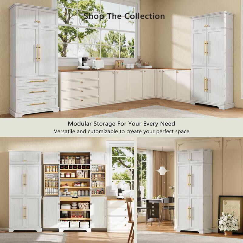 Roomfitters 78" Tall Farmhouse Kitchen Pantry Cabinet with 8 Door Shelves, Wine Rack & Hidden Drawer