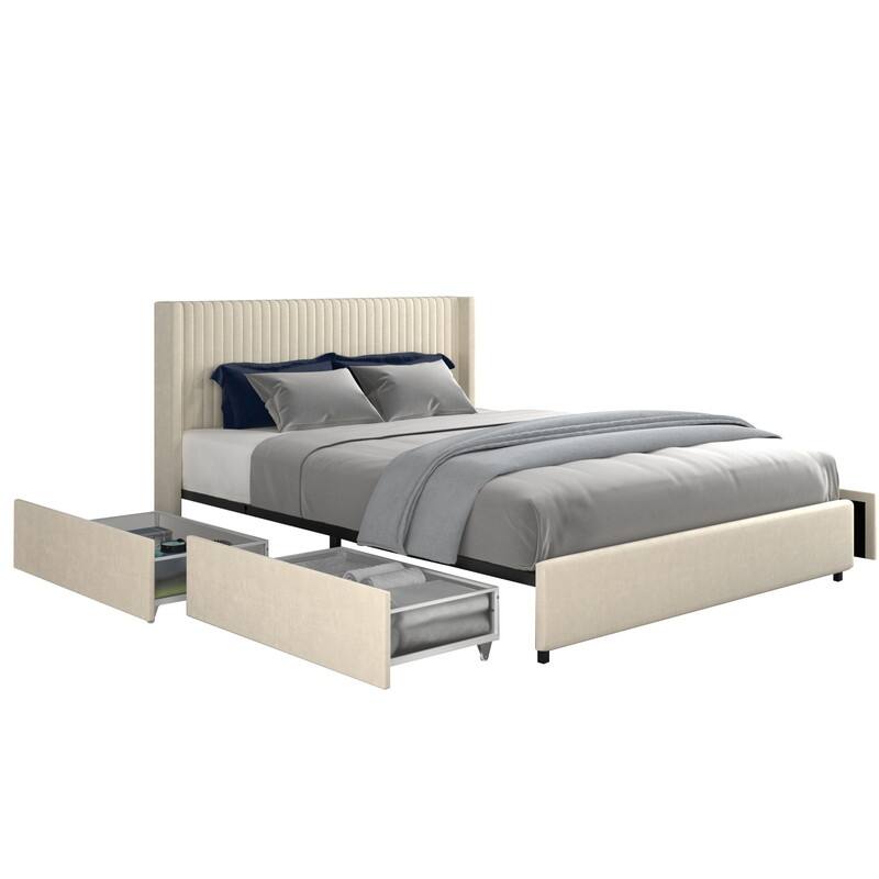 Anna Modern Linen Upholstered Wingback Platform Bed with 4 Drawers
