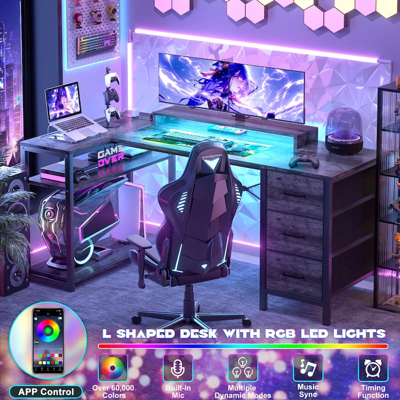 Reversible 53'' L Shaped Computer Desk with Power Outlets & LED Lights,Gaming Desk with 3 Drawers & Monitor Stand