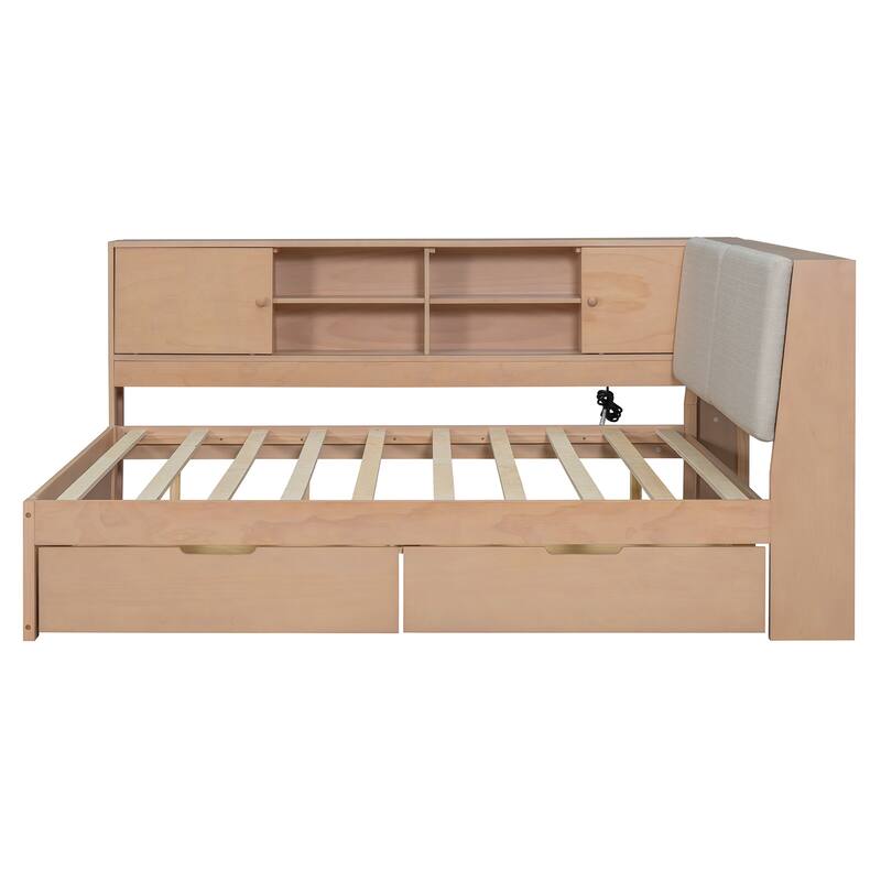 L-Shaped Daybed with Bookcase & USB Charging Port, Wood Floor Corner Bed Frame with Storage Drawers & Upholstered Headboard