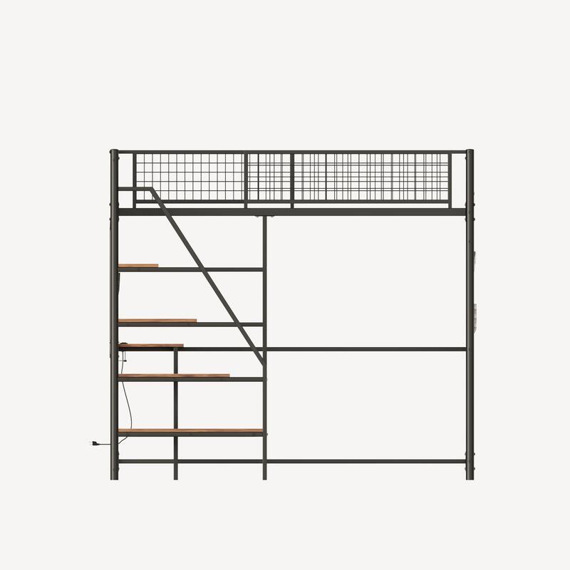 Twin Size Loft Bed with Built-in Charging Station & LED Lighting, Heavy-Duty Metal Loft Bed Frame with Desk & Safety Guardrails