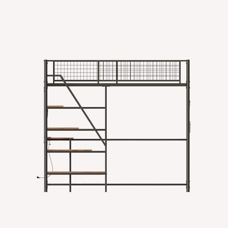 Twin Size Metal Loft Bed with Built-In Charging Station, LED Lighting and Storage Desk