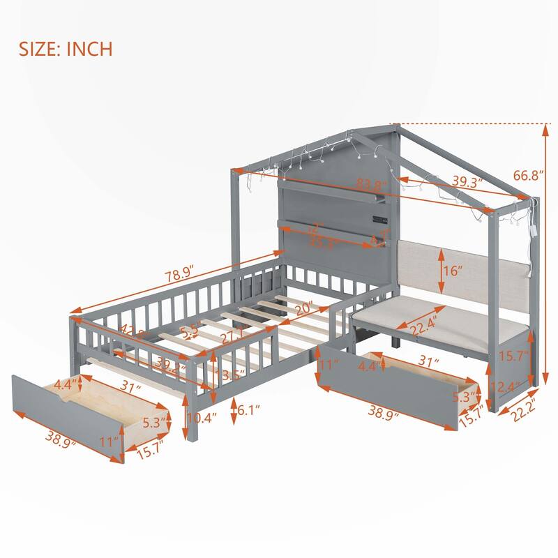 Twin Size House Bed with Upholstered Sofa
