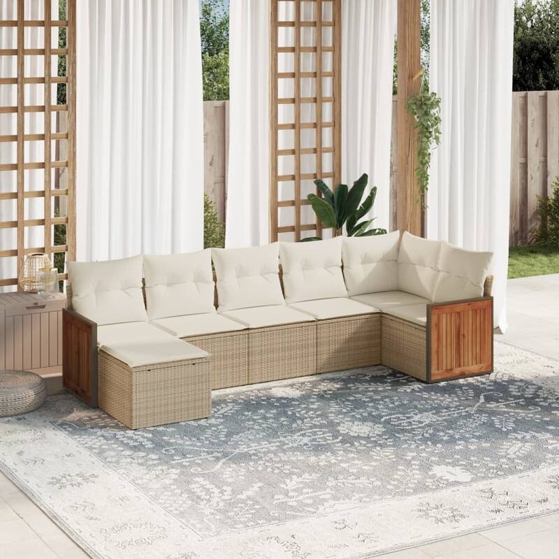 vidaXL Patio Sofa Set with Cushions Outdoor Conversation Furniture Poly Rattan - Beige and Cream - 21.7 x 21.7 x 14.6