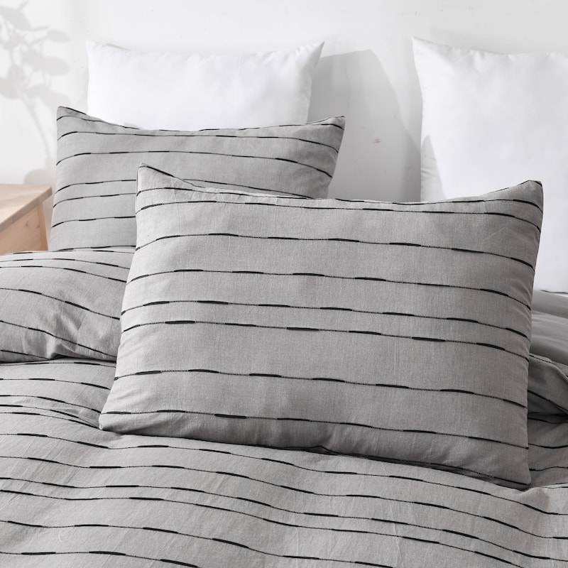 WHOLINENS Washed Cotton Yarn Dyed Stripe Duvet Cover Set 3Pcs