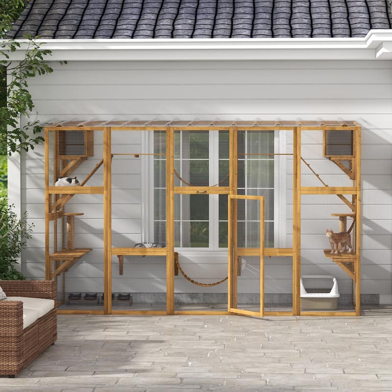 PawHut Catio Playground Outdoor Cat Enclosure Wooden Cat House Shelter