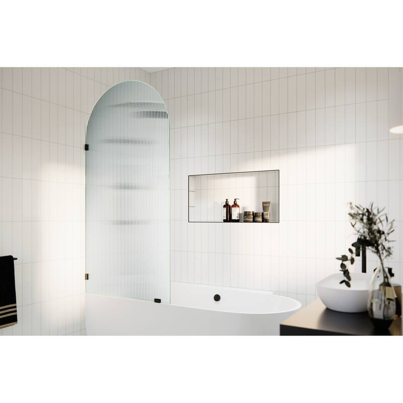 Venus 34 in. x 66.75 in. Single Fixed Frameless Arched Fluted Frosted Bathtub Panel - Matte Black