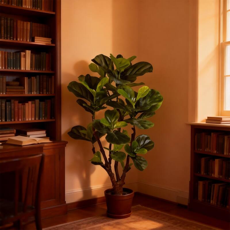 Artificial Fiddle Leaf Fig Tree - 2 Variants (4ft/5.75ft), Faux Green Plant in Black Plastic Pot, Indoor Low-Maintenance Decor