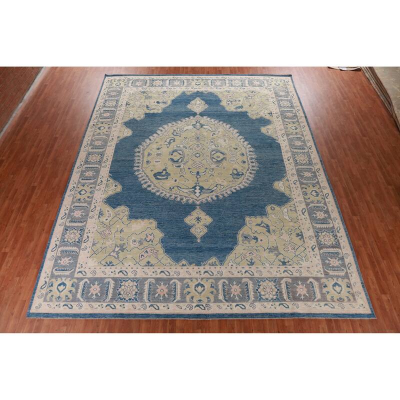 Hand Knotted Oriental 100% Wool Carpet Transitional Medallion Navy Blue & Blues Oushak Area Rug - 14' 9'' X 11' 10''