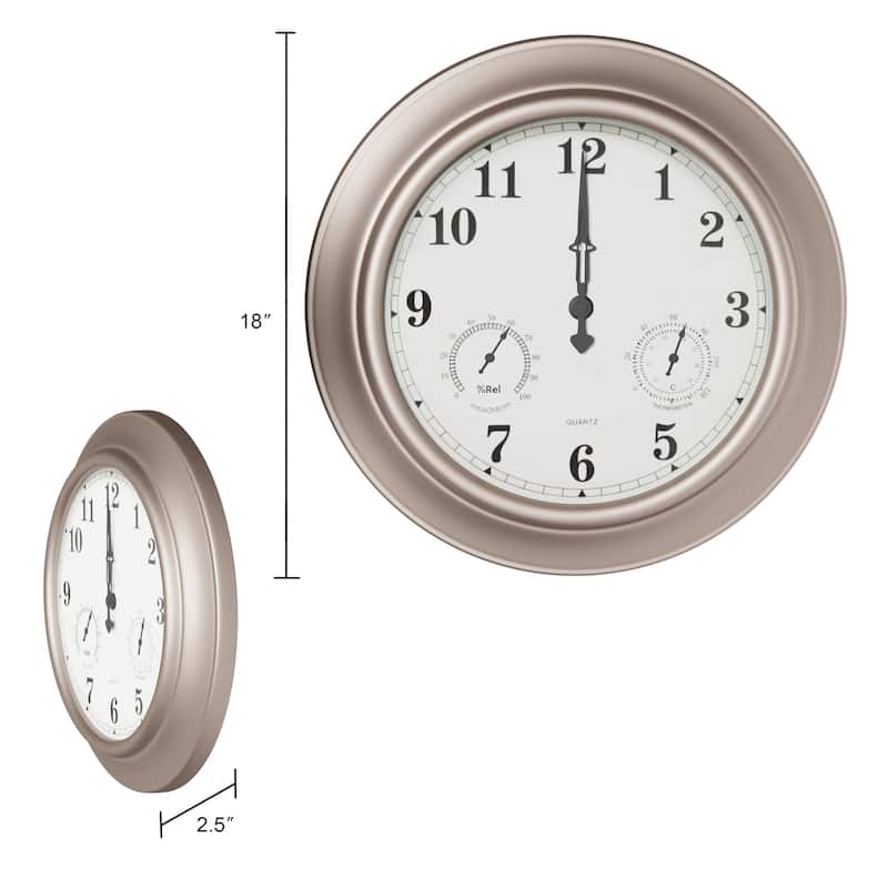 Indoor Outdoor Clock Thermometer Combo - 18-Inch Waterproof Outdoor Wall Clock with Temperature and Humidity by Nature Spring