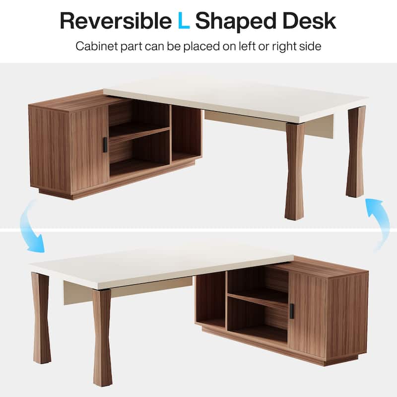 Modern 71-Inch Executive Desk, L-Shaped Desk with Storage Shelves and Cabinet, Large Office Desk Business Furniture Set