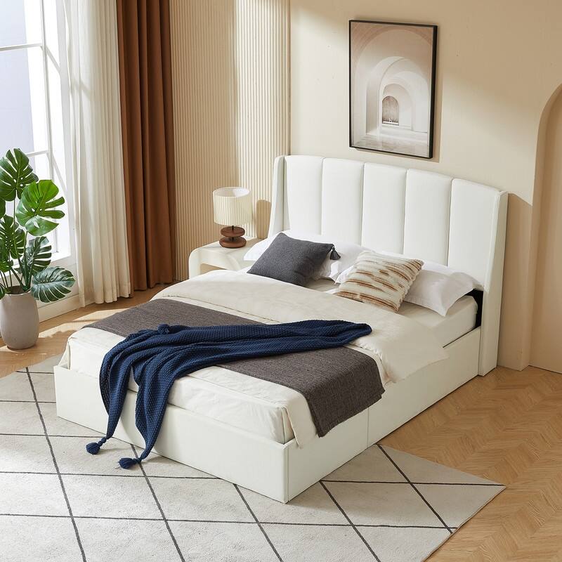 Linen Wingback Hydraulic Lift Up Storage Upholstered Platform Bed