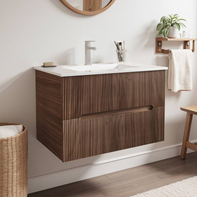 EROMMY 24/30 Inch Floating Bathroom Vanity with Sink, Modern Sink Cabinet with 2 Drawers and Soft-Close Design - 30" - Walunt
