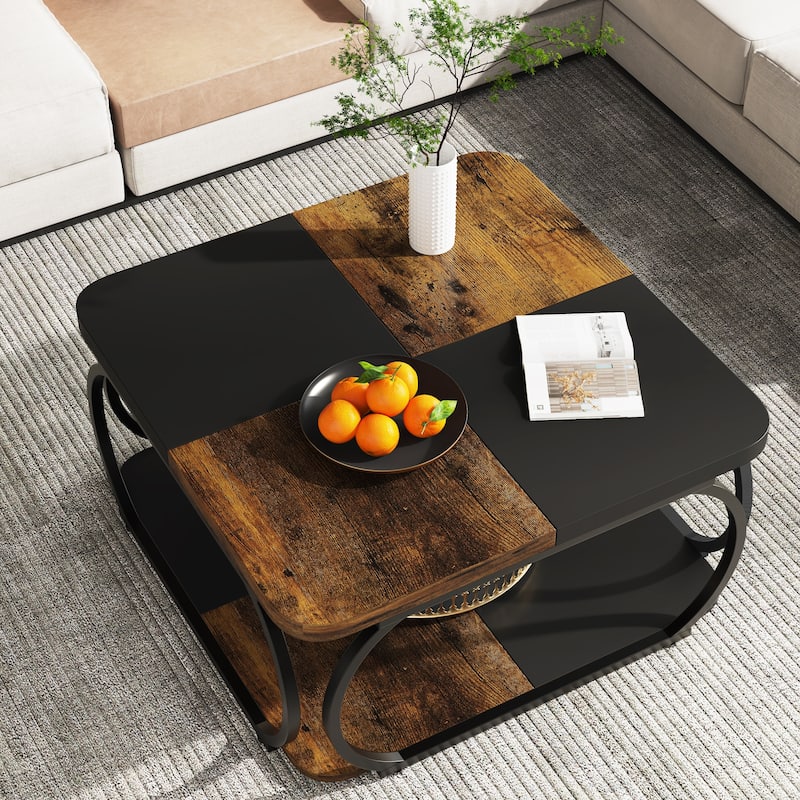 Square 2-Tier Coffee Table with Storage Shelf, 39 inches Low Farmhouse Wood Coffee Table for Modern Living Room