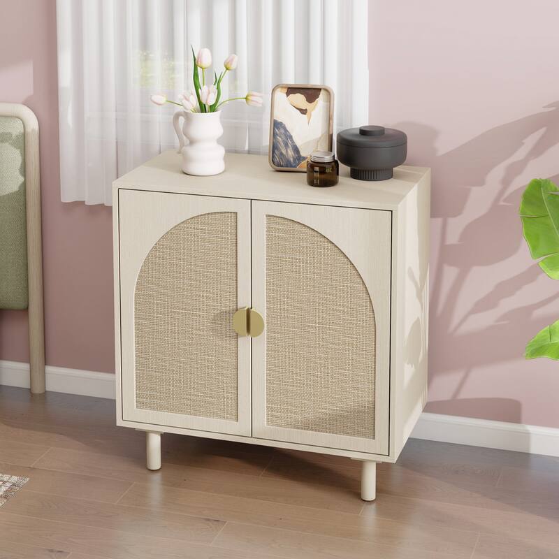 Rattan Decorative Cabinet Dining Cabinet with Semicircular Metal Handles, Rustic Credenza Console Cabinet