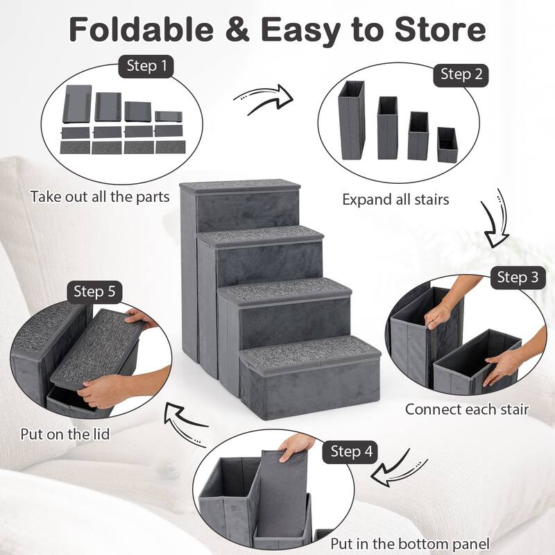 Gray Velvet MDF 4 Step Folding Dog Stairs with Storage and Non-Slip Carpet Steps - 25.5" L x 15" W x 23" H