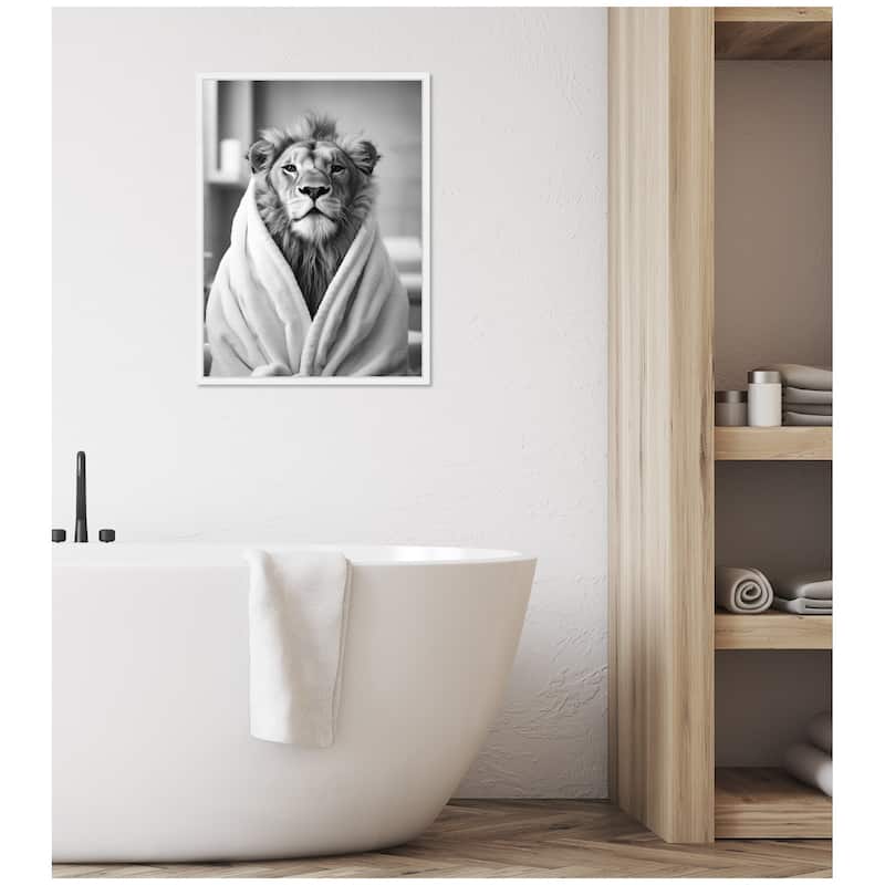 Kate and Laurel Sylvie Lion Bathroom Art Towel Robe Black and White Framed Canvas by The Creative Bunch Studio