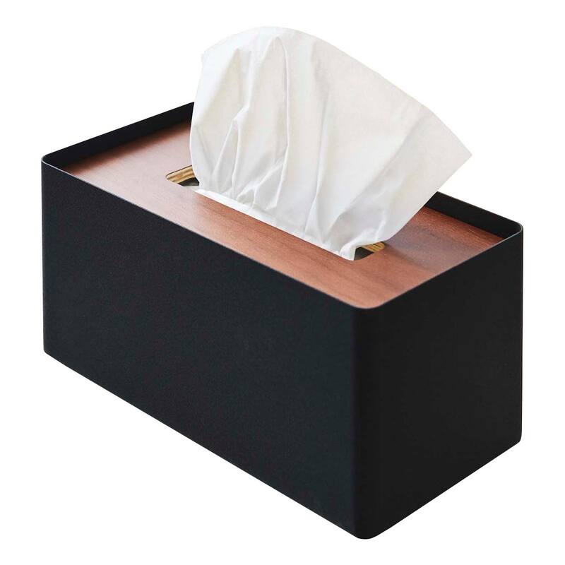Yamazaki Home Tissue Box Cover - Rectangle, Steel, Lid - L 5.12 x W 10.24 x H 4.53 inches - Walnut