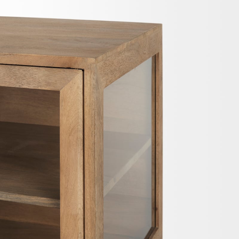Arelius Light Brown Solid Wood w/ Black Iron Frame & 2 Glass Doors Accent Cabinet - 36.0L x 18.0W x 32.0H