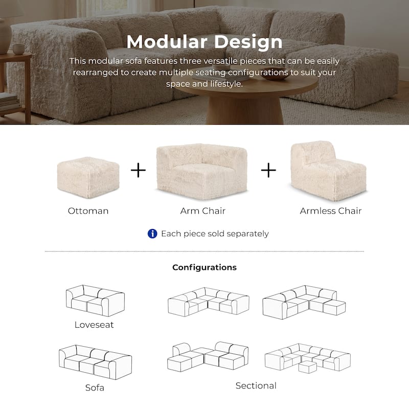 Furniture of America Ylena Modern 5-Piece Faux Fur Foam Modular Armless Compressed Sectional Sofa with Ottoman
