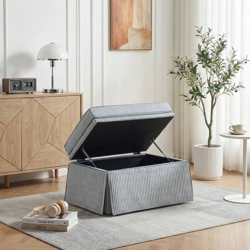 Rectangle Chenille Upholstered Storage Ottoman - Pinstripe Blue