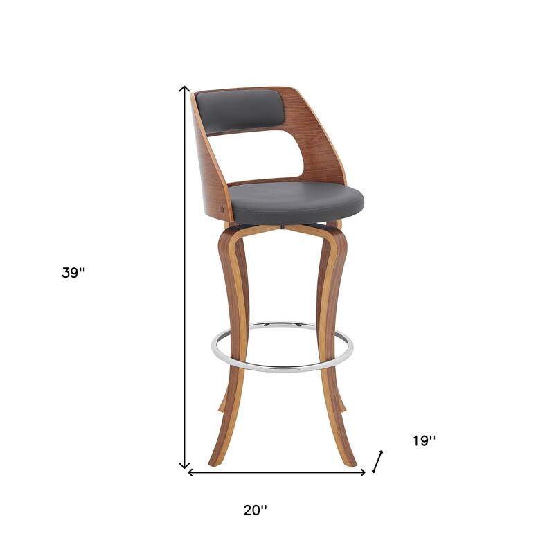 Grey Faux Leather Walnut Wood Swivel Bar Chair with Full Back and Footrest - 20” D x 19” W x 39” H