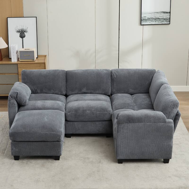 Multi-Seater Corduroy Sectional Sofa, Soft & Comfortable Corner Sofa - 4 Seats & 1 Ottoman - Basalt Grey