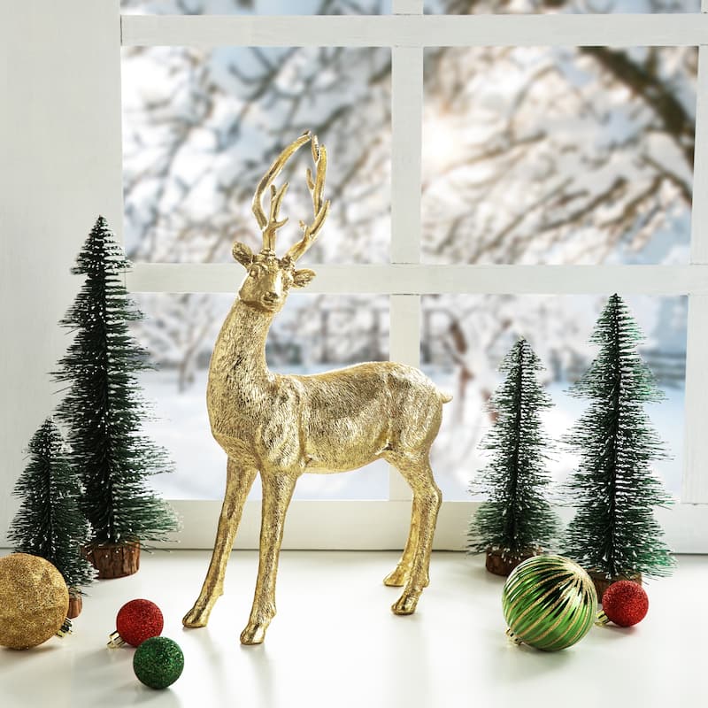 Glitzhome Resin Christmas Lying Standing Reindeer Figurines Xmas Table Decor Deer Statues
