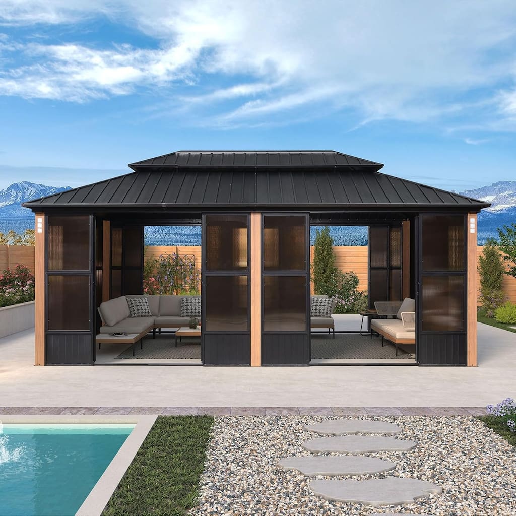 PURPLE LEAF Double Top Outdoor Sunroom All-Weather Screen House Patio Hardtop Gazebo