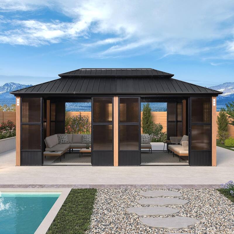 PURPLE LEAF Double Top Outdoor Wood Grain Sunroom All-Weather Screen House Patio Hardtop Gazebo - 12' x 20' - Sunroom