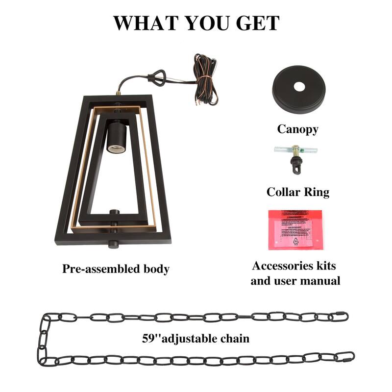 Modern 1-Light Gold&Black Metal Kitchen Island Pendant Lighting Adjustable Frame