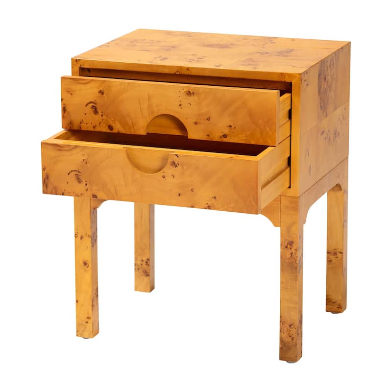 Kayla Modern and Contemporary Natural Light Mappa Real Burl Wood 2-Drawer Nightstand
