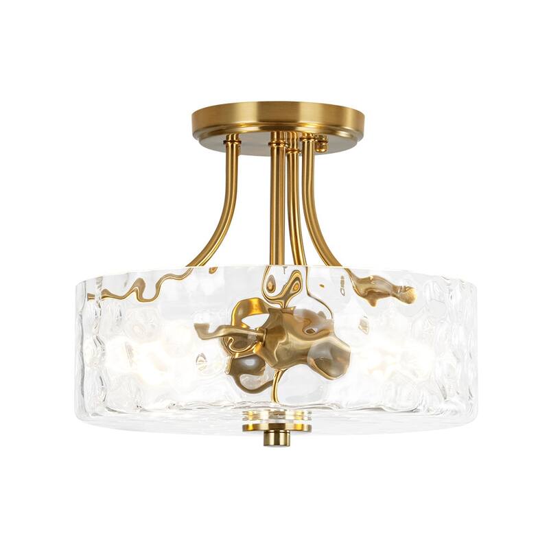 Nickel 2-Light Water Glass Round Semi Flush Ceiling Light - 11.8in