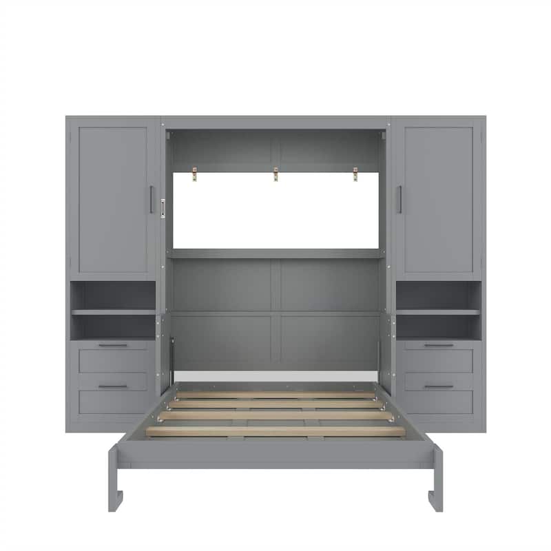 Full/Queen Size Horizontal Murphy Bed with Integrated Storage, Wood Wall Murphy Bed Frame with Closet, Drawers and Shelves