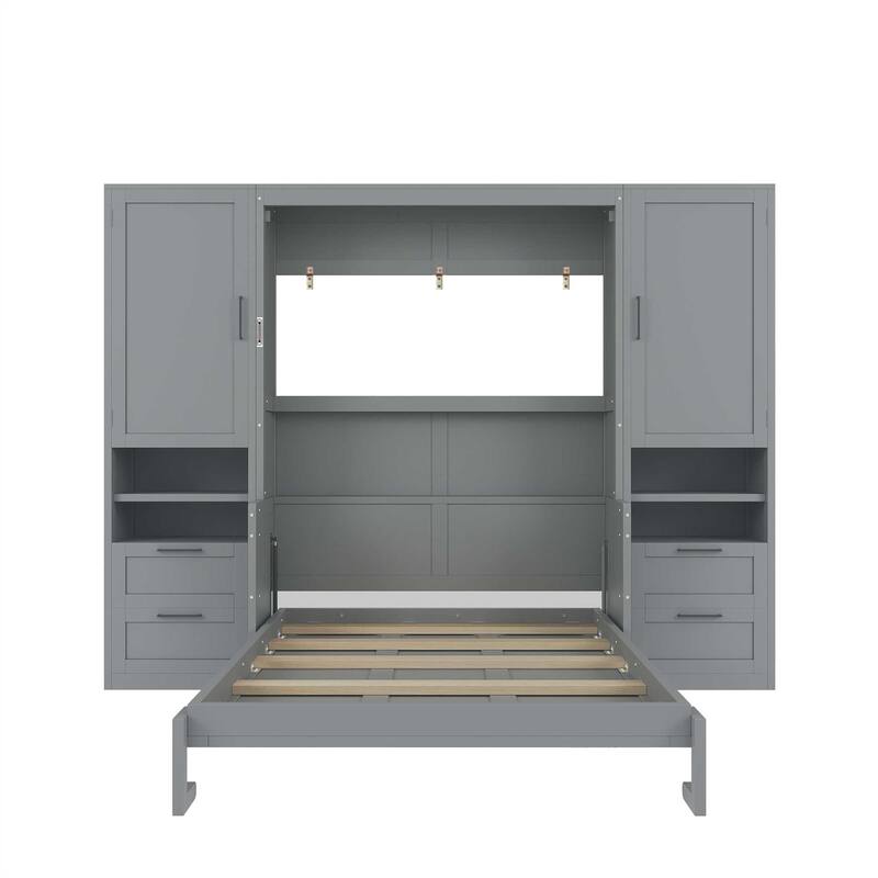 Full Size Murphy Bed with Closet, Drawers & Shelves - Space-Saving Wall Bed with Storage for Small Rooms