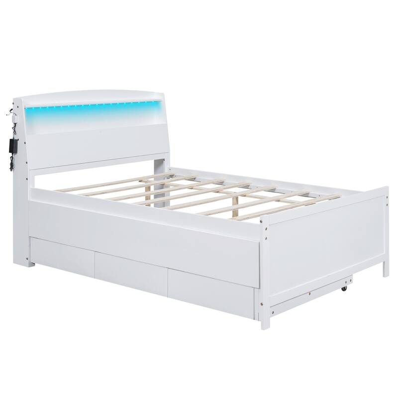 White Full Size Storage Platform Bed with LED Headboard, Twin Trundle and 3 Drawers