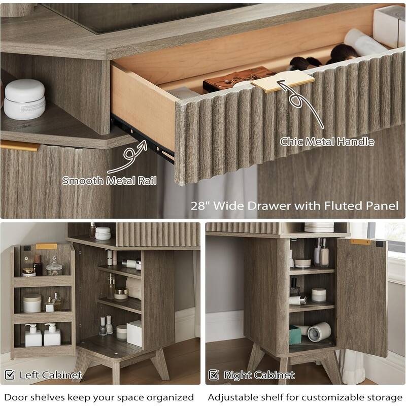 Modern Fluted Makeup Vanity Desk with 3 Way Mirror&Light, Vanity Table