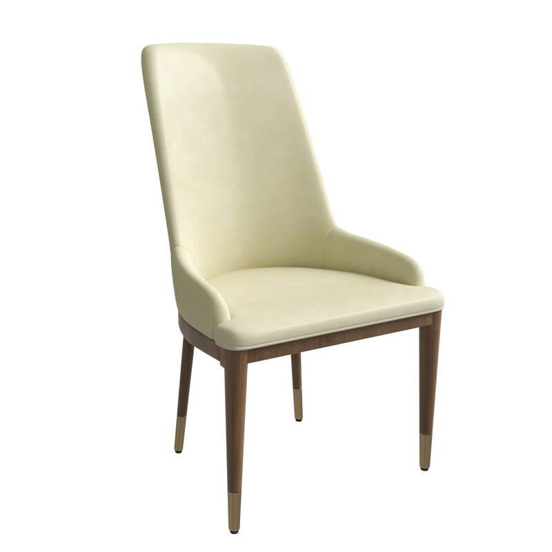 Upholstered Leather Dining Chair with Rubberwood Frame Side Chair High Back and Gold Accent Legs for Living Room - Cream