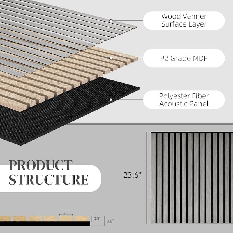 HOMCOM 4 Pack 3D Faux Wood Wall Panels, 24" x 24" Sound Absorbing Acoustic Panels, Wood Slat Wall Panels for Interior Wall Decor