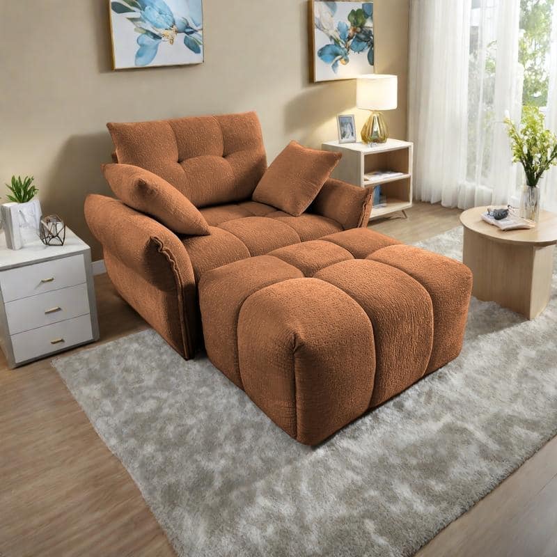Chenille Ergonomic Lounge Chair with Ottoman, High-Resilience Sponge Cushions and Modular Design - Burnt Orange