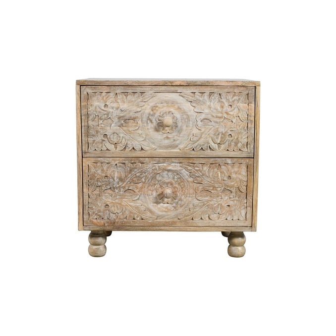 24" Natural Two Drawer Distressed Carved Floral Solid Wood Nightstand